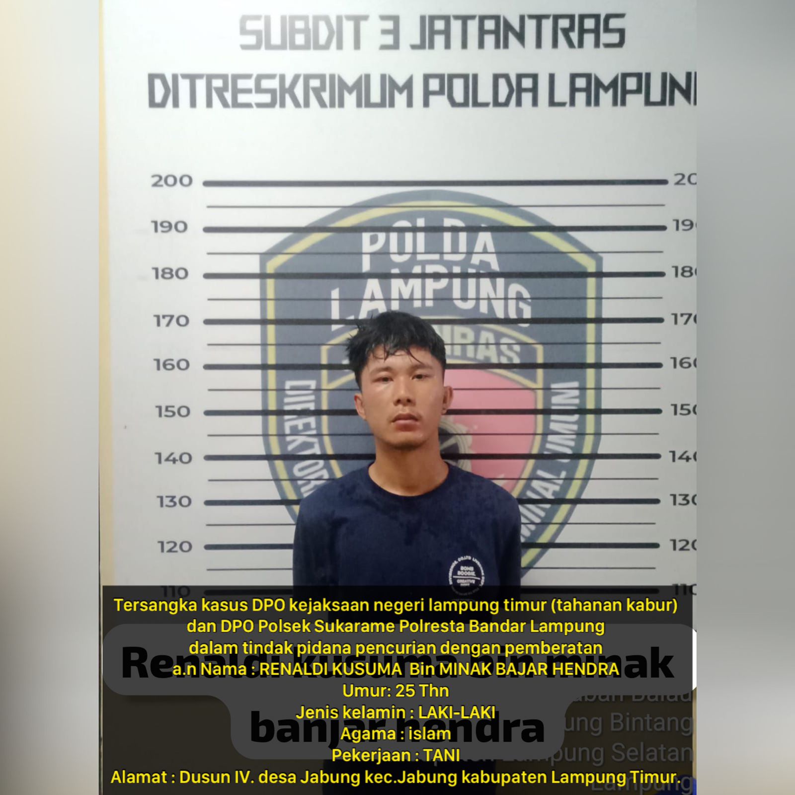 Polda Lampung Tangkap Tahanan Kabur DPO Kejari Lampung Timur