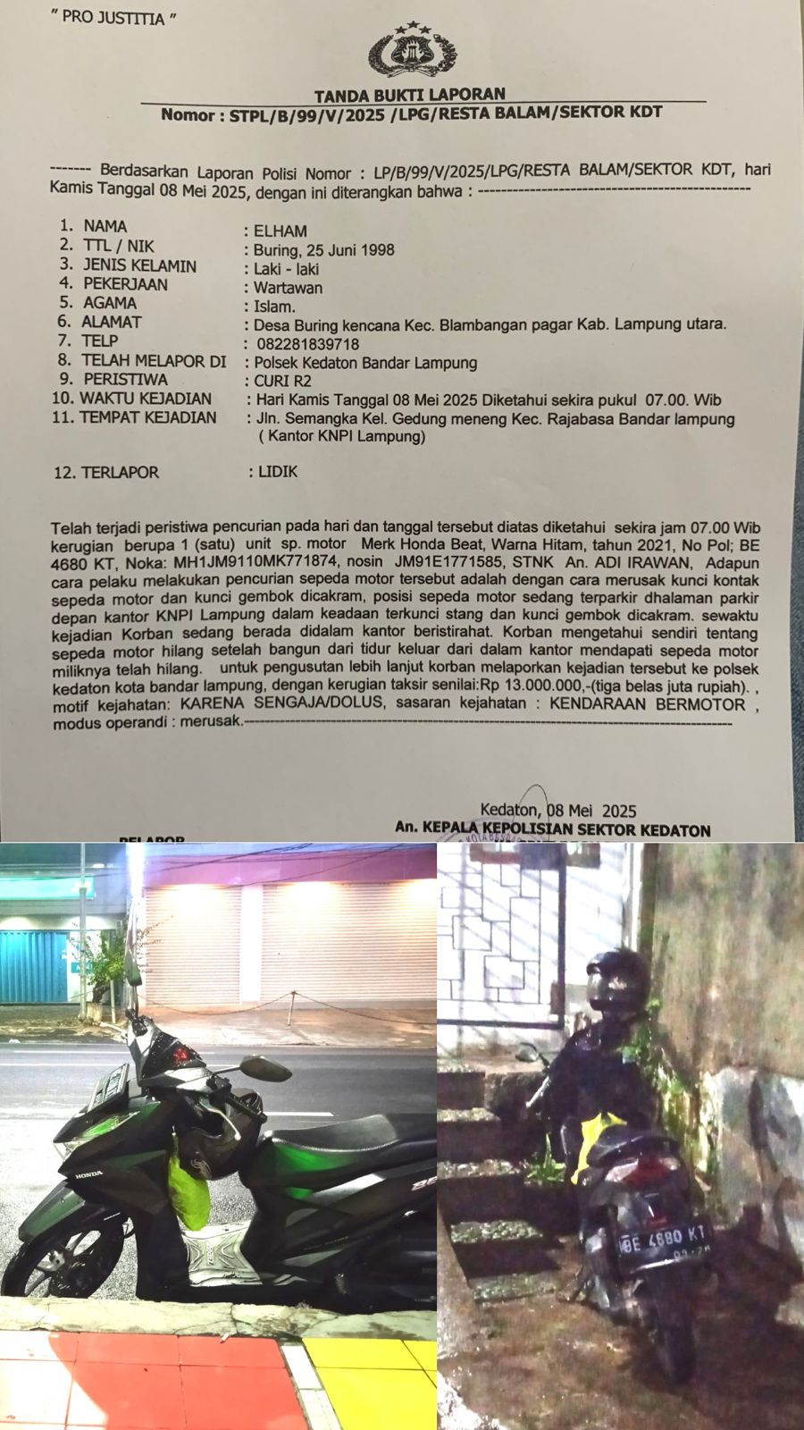 Cakram Sudah Digembok, Motor Wakil Sekretaris IWO Lampung Digasak Maling