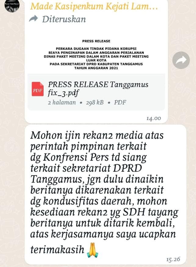 Mendadak Kejati Lampung Minta Berita Dugaan Korupsi Anggota DPRD Tanggamus Di Takedwon, Ada Apa?