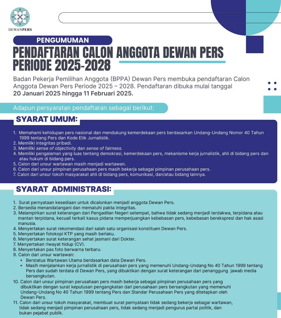 Pendaftaran Calon Anggota Dewan Pers Periode 2025-2028 Resmi  Dibuka Berikut Persyaratannya