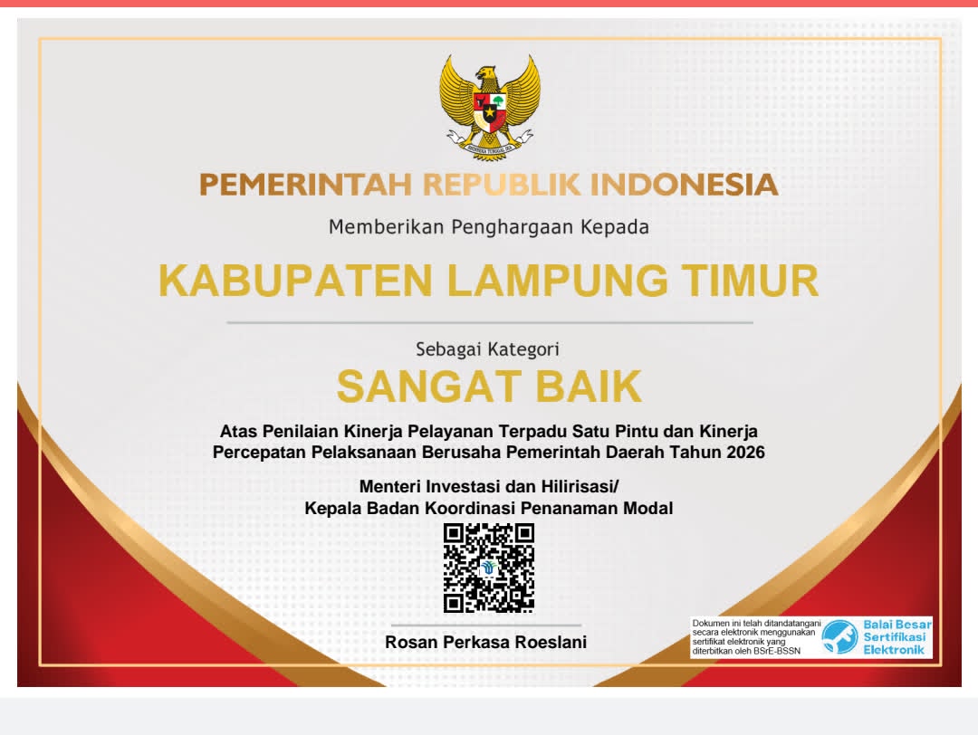 Lampung Timur Raih Predikat Sangat Baik dalam Penilaian Kinerja PTSP 2026