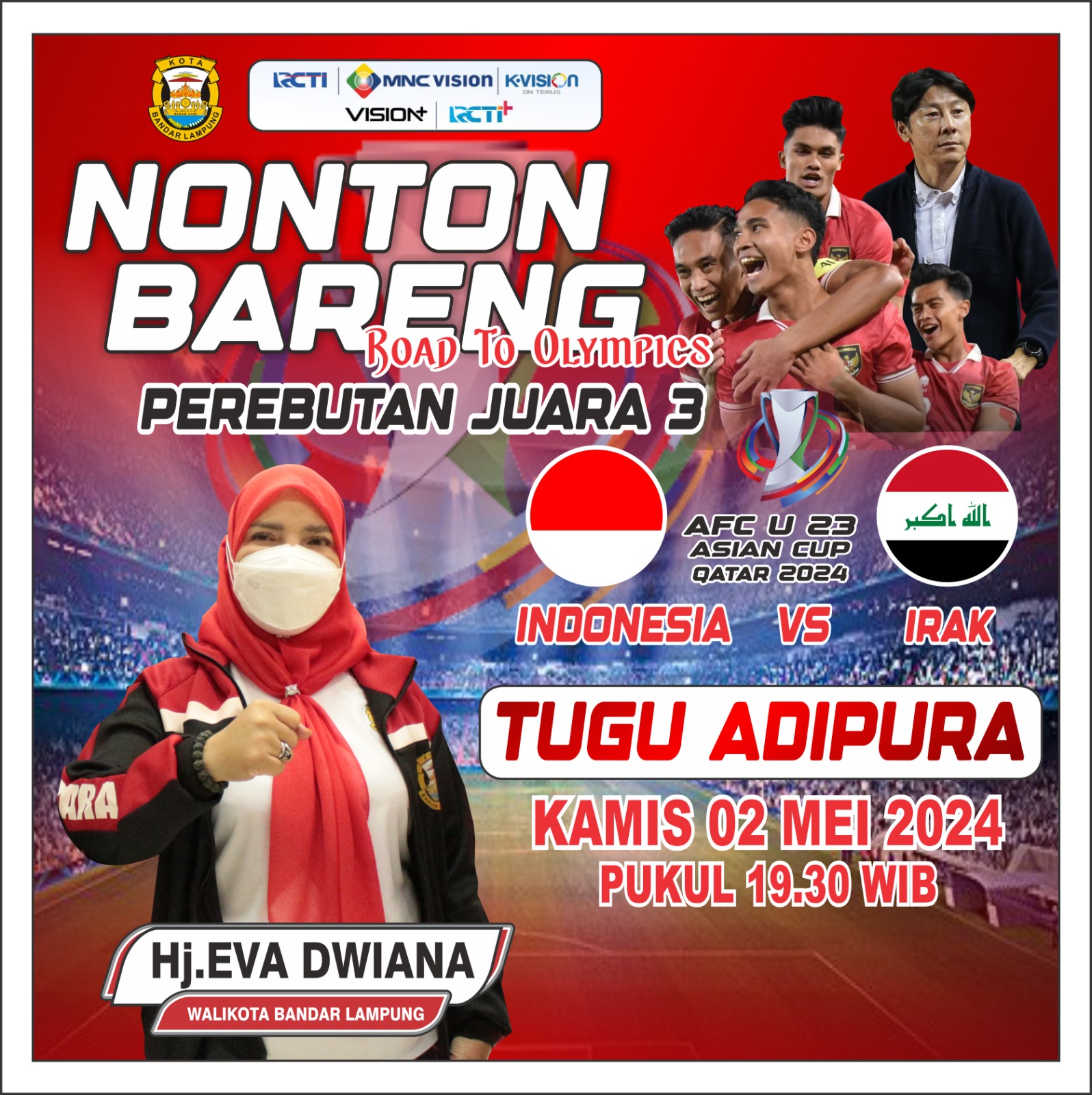 Dukung Timnas U23 Indonesia, Pemkot Bandar Lampung Kembali Gelar Nobar di Tugu Adipura