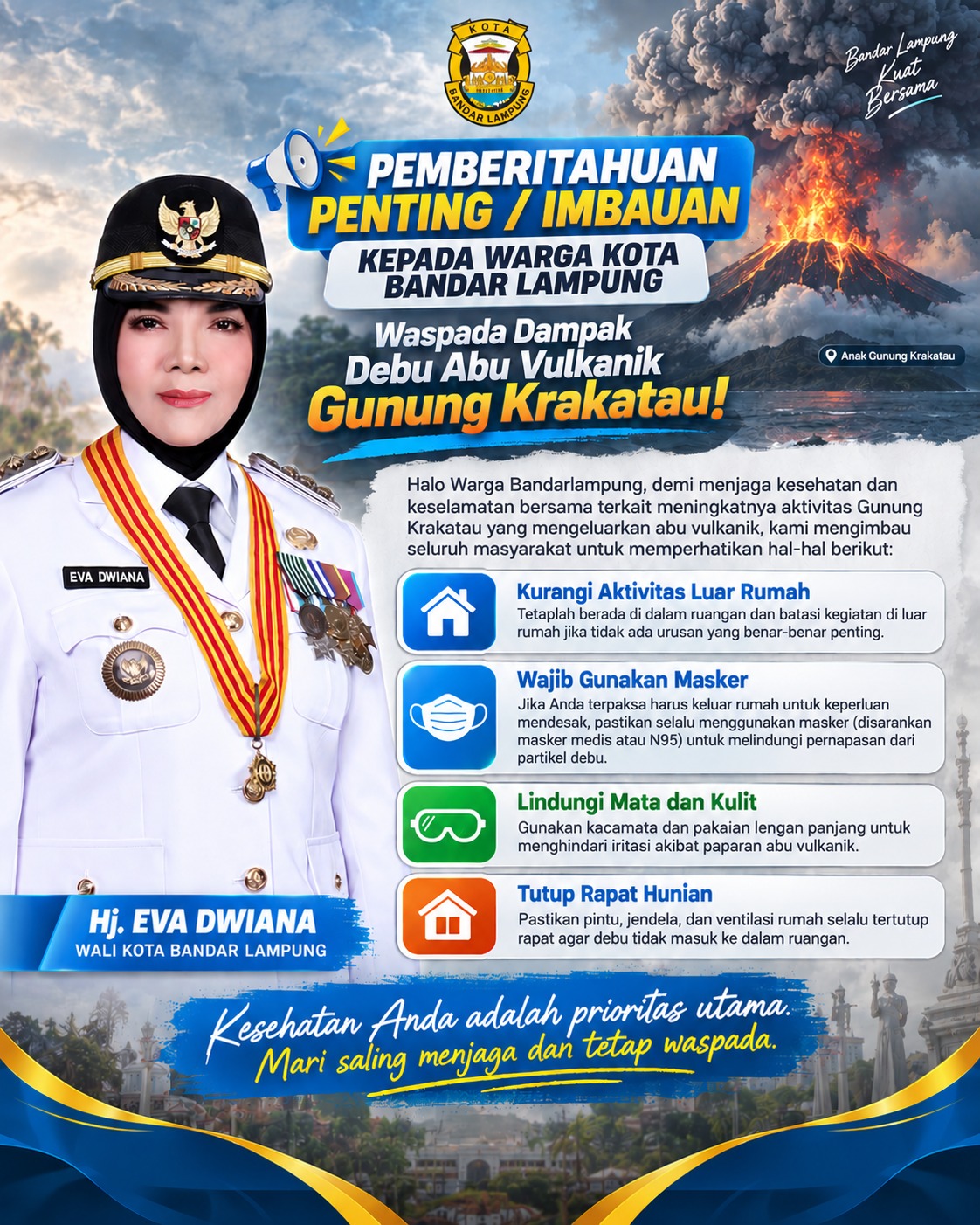 Walikota Eva Himbau Warga Bandar Lampung Waspada Debu Vulkanik Gunung Anak Krakatau