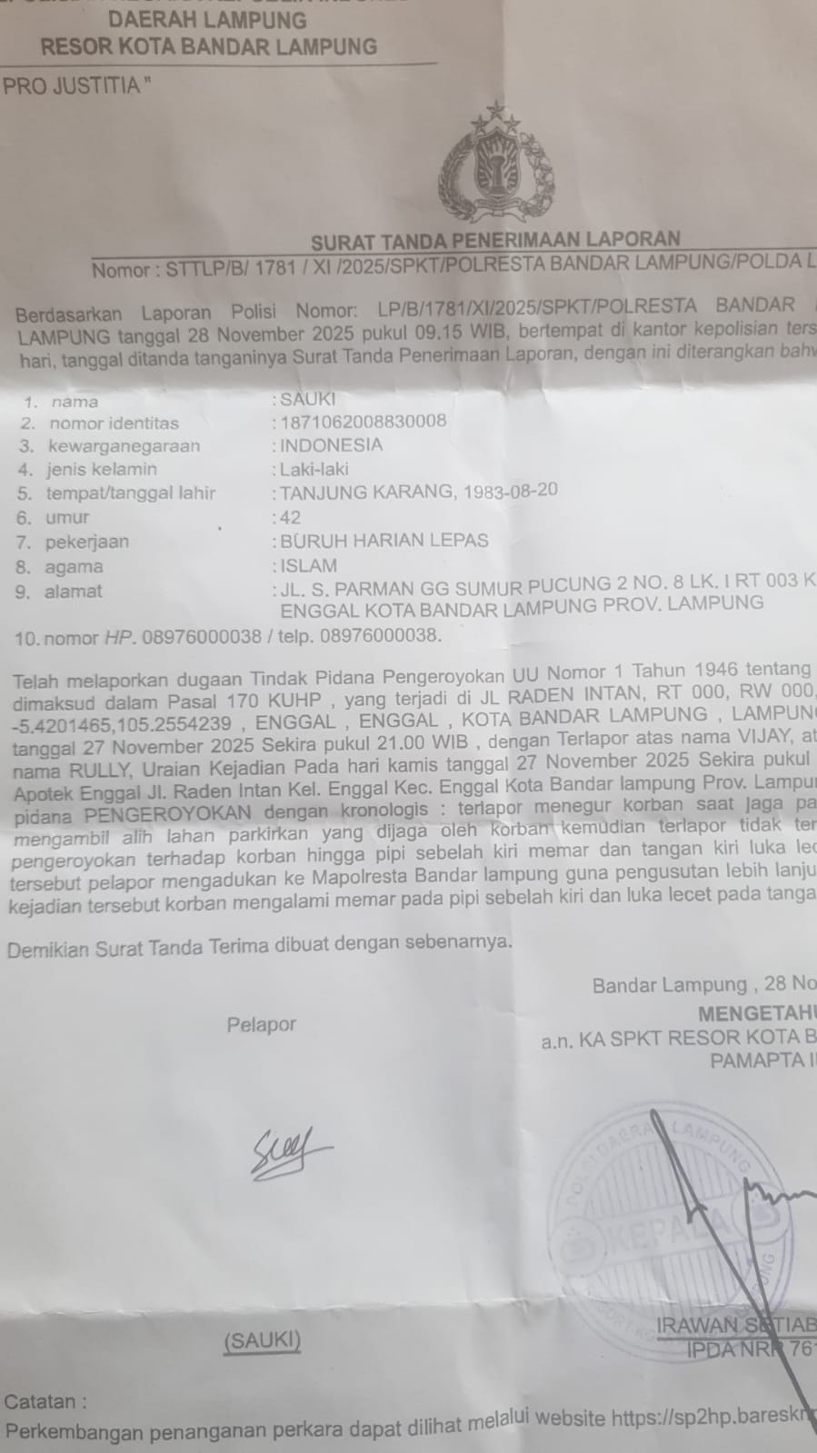 Kasus Pengeroyokan Mandek, Korban Desak Polresta Bandar Lampung Segera Tangkap Pelaku