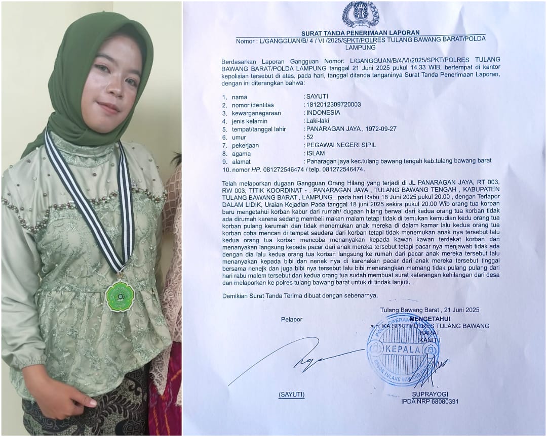 Gadis Asal Panaragan Jaya Menghilang, Diduga Dibawa Kabur Pria, Keluarga Lapor Polisi