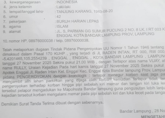 Kasus Pengeroyokan Mandek, Korban Desak Polresta Bandar Lampung Segera Tangkap Pelaku