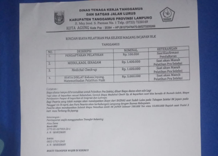 Biaya Pra-Seleksi IM Japan Rp8,1 Juta di Tanggamus Menuai Polemik, Orang Tua Peserta Pertanyakan Transparansi